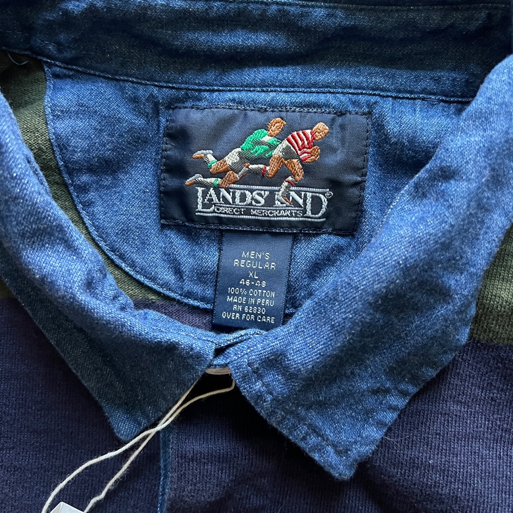 Vintage ‘92 Lands End Rugby Long Sleeve Polo Denim Collar Green Blue Stripe XL - Picture 6 of 16